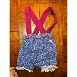 Wildflowers Clothing Girls Blue Polka Dot Suspender Shorts Lace Trim Pink 18M